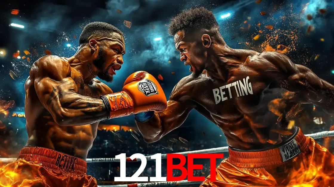 Dois boxeadores em uma luta intensa e explosiva, representando a adrenalina e as oportunidades de apostas em esportes de combate disponíveis na plataforma 121bet.