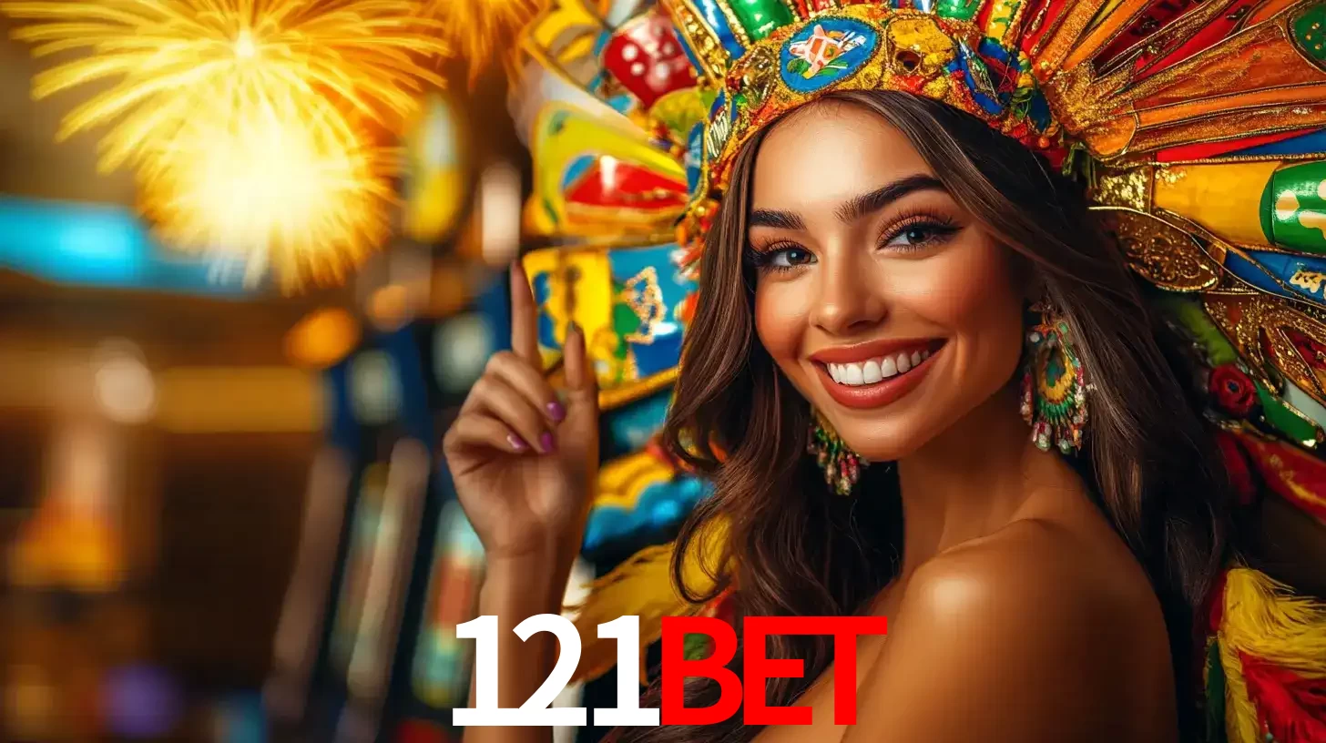 Mulher sorridente com um cocar de carnaval vibrante e colorido, celebrando uma grande vitória nos jogos do cassino 121bet com fogos de artifício ao fundo.