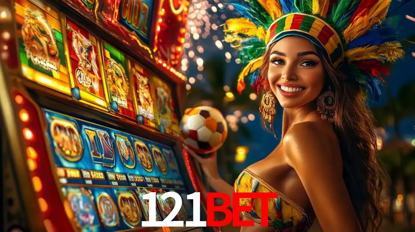 Mulher com um cocar de carnaval ao lado de uma máquina de caça-níqueis enquanto segura uma bola de futebol, mostrando a união da diversão de cassino e esportes no 121bet.