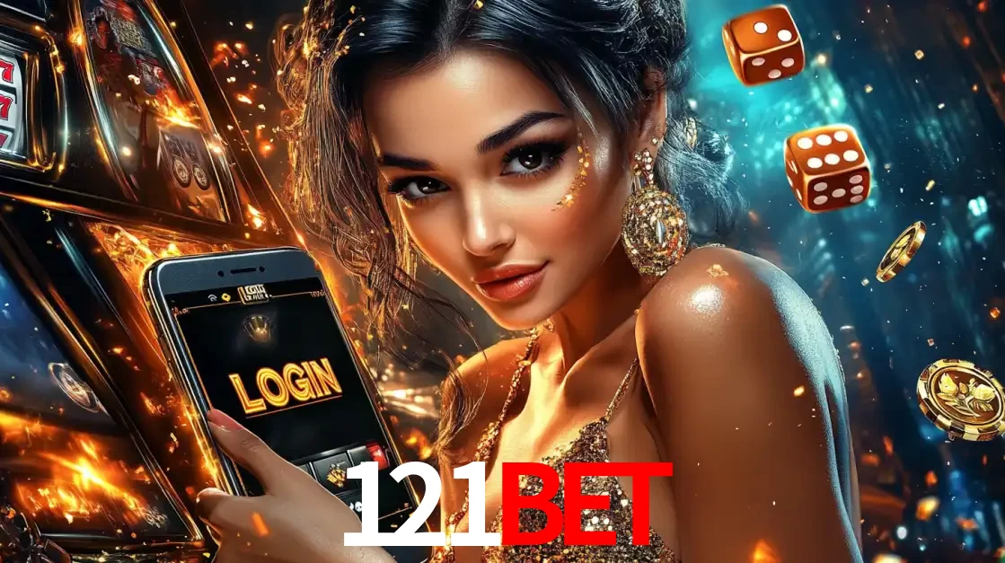 Mulher glamourosa segurando um celular com a tela de login do cassino 121bet, rodeada por dados e moedas douradas, pronta para começar a diversão.