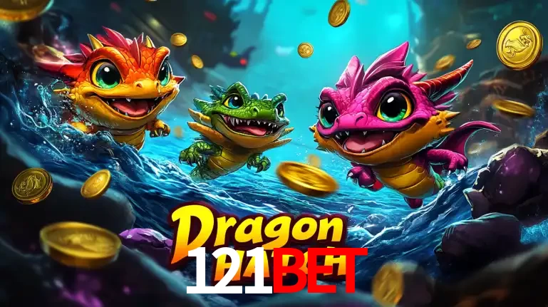Arte promocional do jogo Dragon Hatch com três adoráveis dragões bebês nadando entre moedas de ouro, um dos slots mais divertidos para jogar no cassino 121bet.