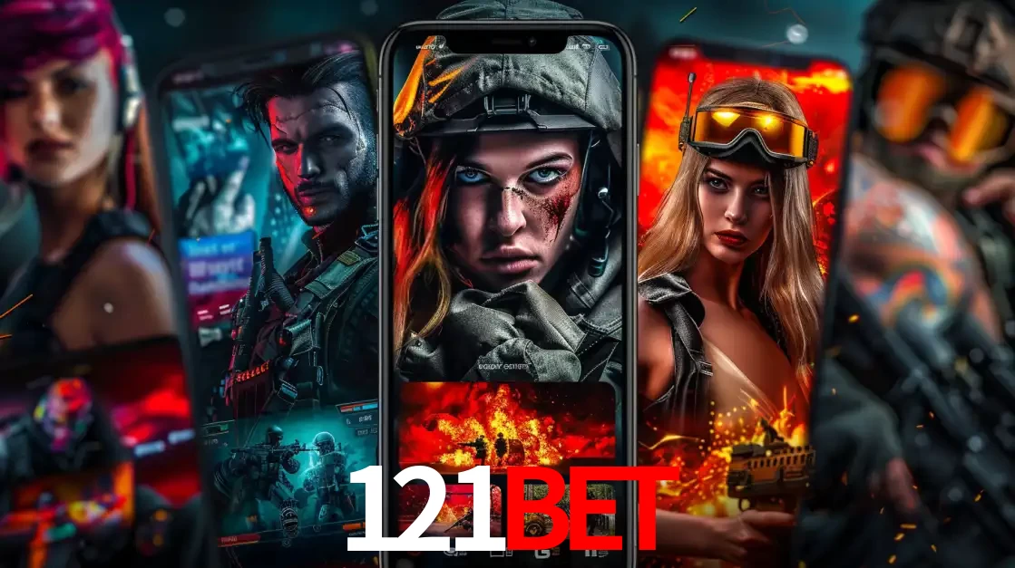 Montagem de telas de celular mostrando diversos personagens, masculinos e femininos, de um jogo de tiro, ilustrando a diversidade de equipes de e-sports para apostar no 121bet.