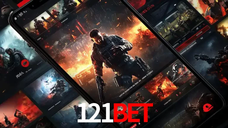 Tela de um celular exibindo uma galeria de jogos de tiro com temática militar, mostrando a variedade de e-sports disponíveis para apostas na plataforma de entretenimento 121bet.