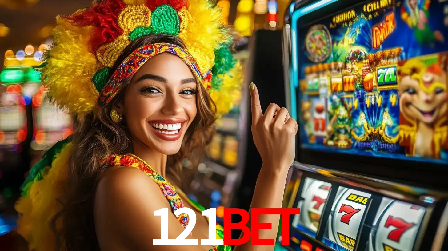 Mulher animada com um cocar de carnaval apontando para uma máquina de caça-níqueis, mostrando a emoção de ganhar um grande prêmio nos jogos do 121bet.