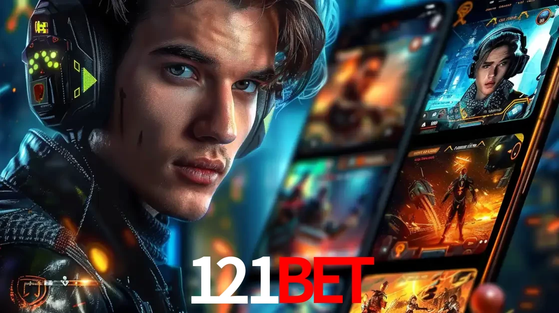 Jovem jogador com fones de ouvido olhando para a câmera, com um aplicativo de jogos e e-sports para celular ao fundo, pronto para a competição e apostas no 121bet.