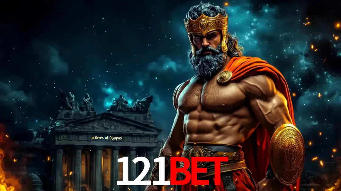 O poderoso Zeus do jogo de slot Gates of Olympus em frente ao seu templo, pronto para lançar multiplicadores divinos e prêmios épicos no cassino online 121bet.