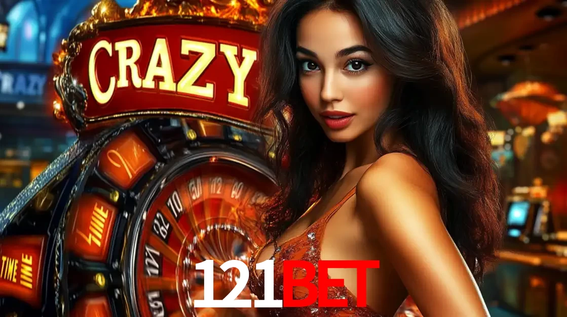 Mulher glamourosa olhando para a câmera com a roda vermelha do Crazy Time ao fundo em um ambiente de cassino, destacando a emoção dos jogos ao vivo no 121bet.
