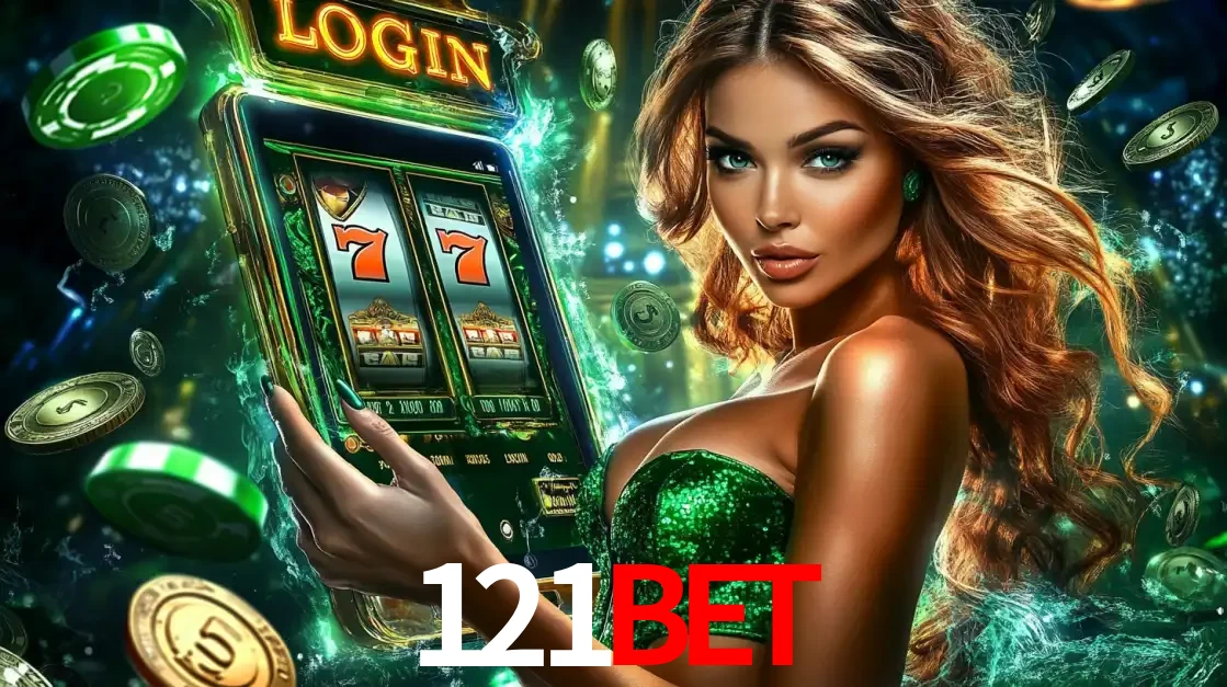 Mulher com tema verde apresentando o aplicativo do cassino 121bet com um jogo de slot de 777, cercada por fichas de cassino e uma aura de sorte.