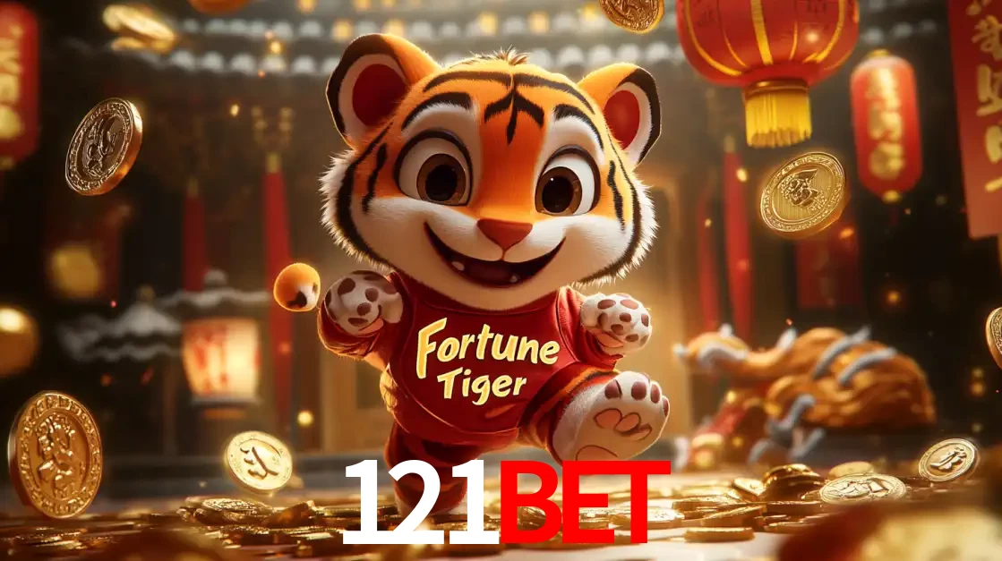 O alegre personagem do Fortune Tiger correndo sobre um caminho de moedas de ouro, simbolizando os grandes prêmios e a diversão do popular jogo de slot do 121bet.