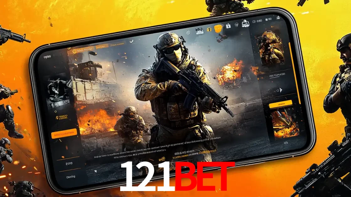Um smartphone exibindo a interface de um jogo de tiro em primeira pessoa, com um soldado em um cenário de batalha, representando a ação dos e-sports para apostar no 121bet.