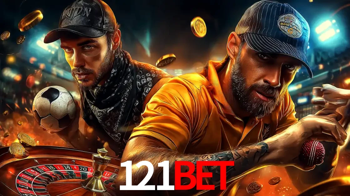 Montagem de apostas esportivas e cassino no 121bet, com um homem segurando uma bola de futebol e outro uma de beisebol sobre uma roleta e moedas voadoras.