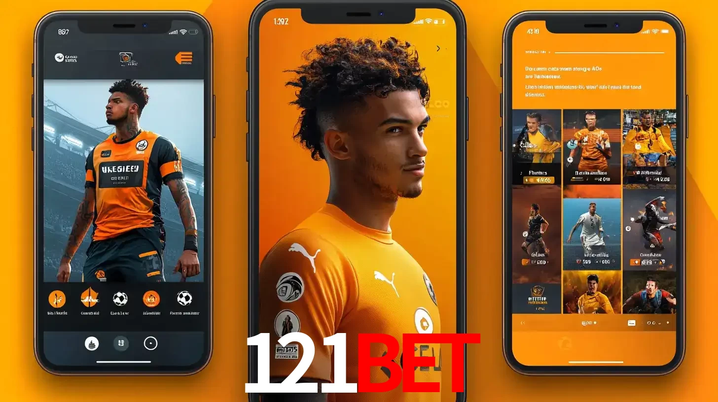 Interface do aplicativo de apostas esportivas 121bet em três telas de celular, mostrando o perfil de um jogador de futebol e a lista de jogos disponíveis para apostar.