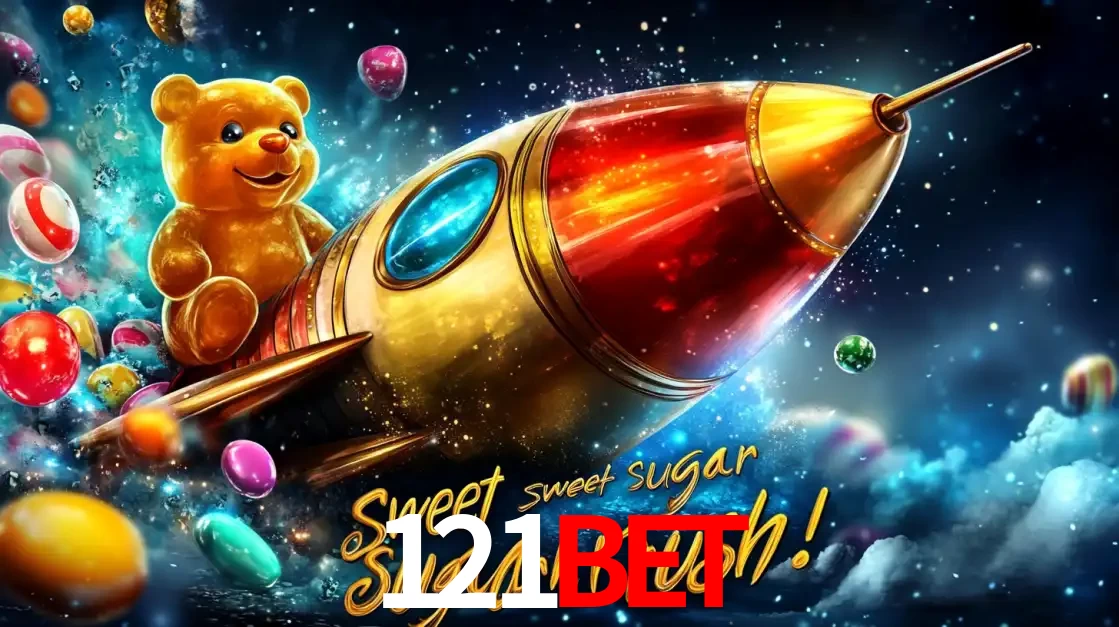 Arte promocional do jogo de slot Sugar Rush, com um urso de pelúcia em um foguete viajando pelo espaço de doces, um dos jogos divertidos disponíveis no cassino 121bet.