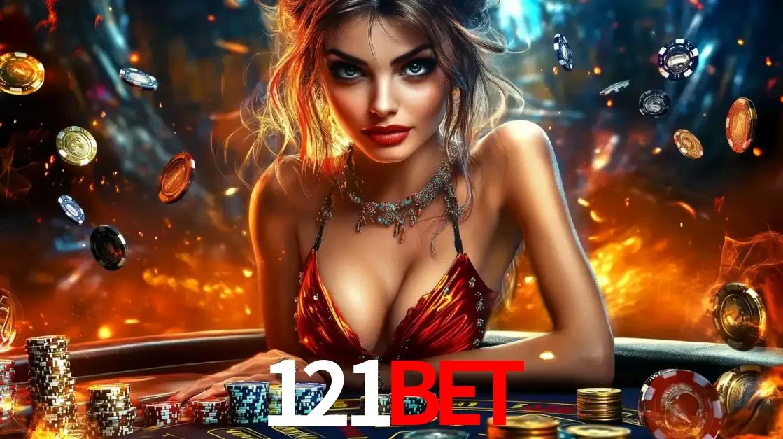 Mulher em uma mesa de cassino com pilhas de fichas e um fundo de fogo, pronta para uma rodada de altas apostas nos jogos de mesa emocionantes do cassino 121bet.