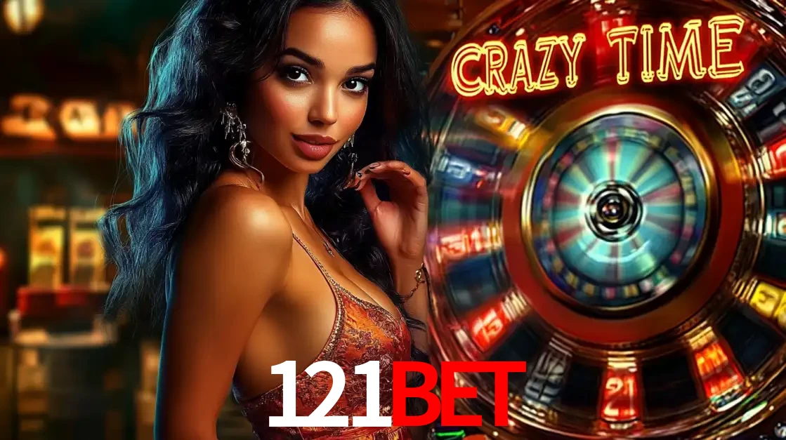 Mulher elegante ao lado da vibrante roda da fortuna do jogo de cassino ao vivo Crazy Time, um dos game shows mais populares e cheios de prêmios do 121bet.