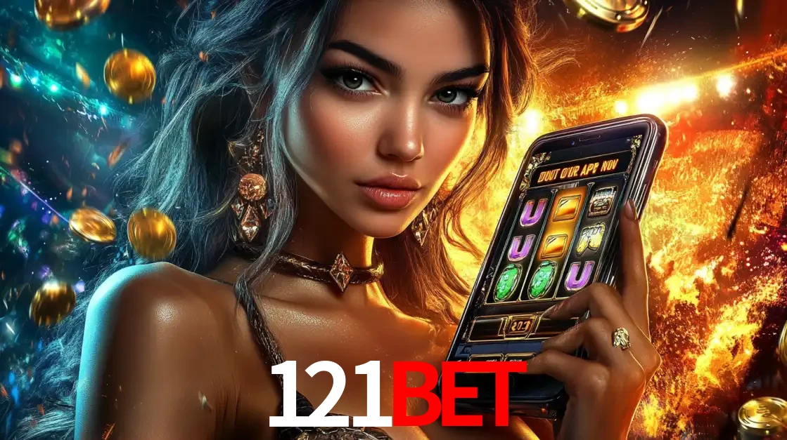 Mulher elegante mostrando um jogo de caça-níqueis em seu smartphone, destacando a experiência de cassino móvel oferecida pelo aplicativo 121bet.