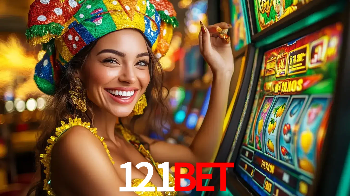 Mulher feliz com traje de carnaval amarelo e colorido ao lado de uma máquina de caça-níqueis, aproveitando a diversão e os jogos temáticos do cassino 121bet.