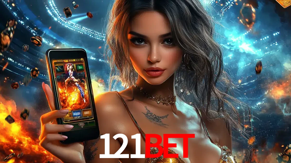 Mulher segurando um celular com um jogo de slot em destaque, tendo como fundo um estádio vibrante, simbolizando a emoção de jogar no cassino móvel 121bet.