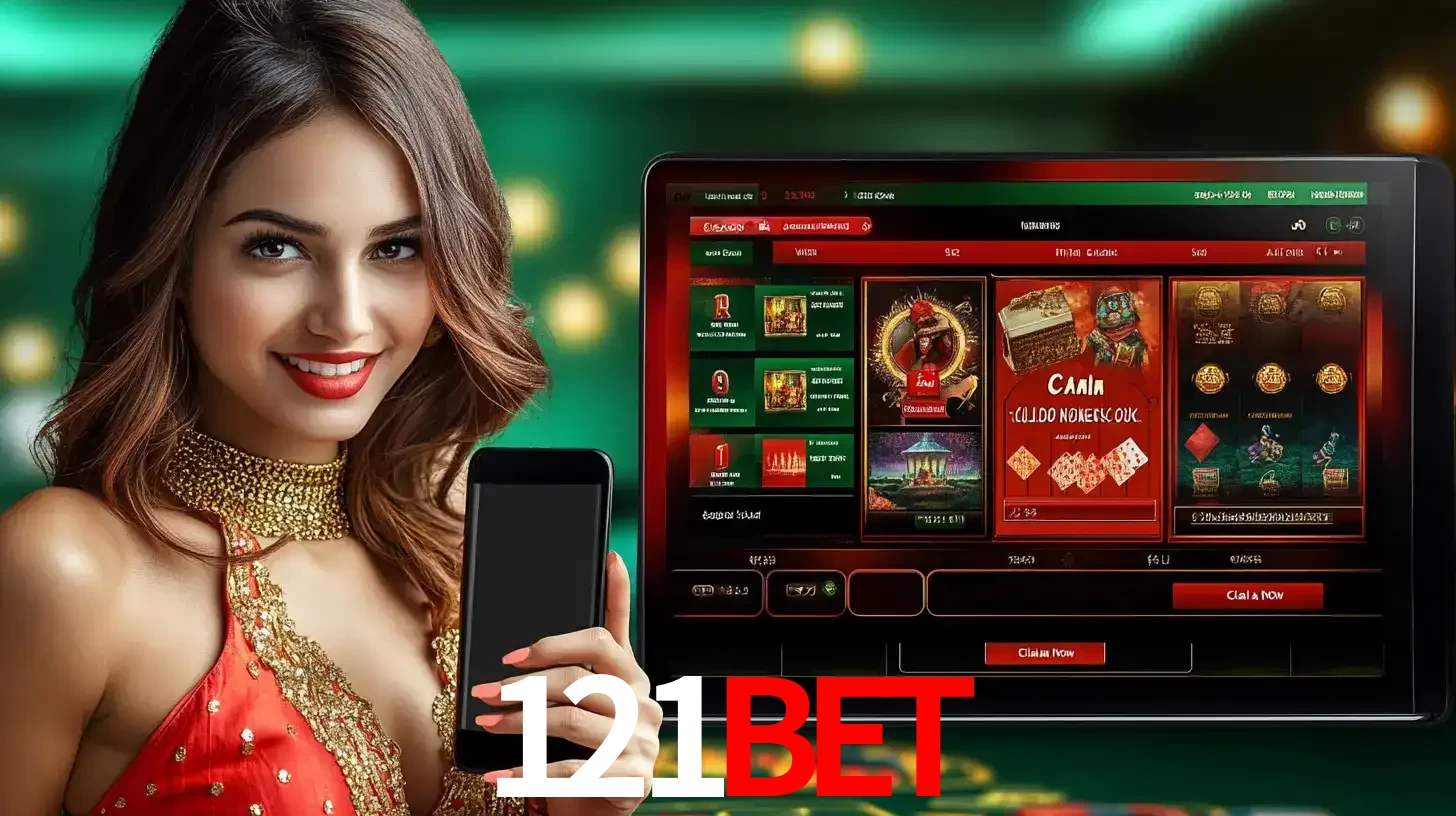 Mulher sorridente segurando um smartphone, ao lado de uma tela exibindo o lobby de jogos do cassino online 121bet, com várias opções de jogos de cartas e slots.